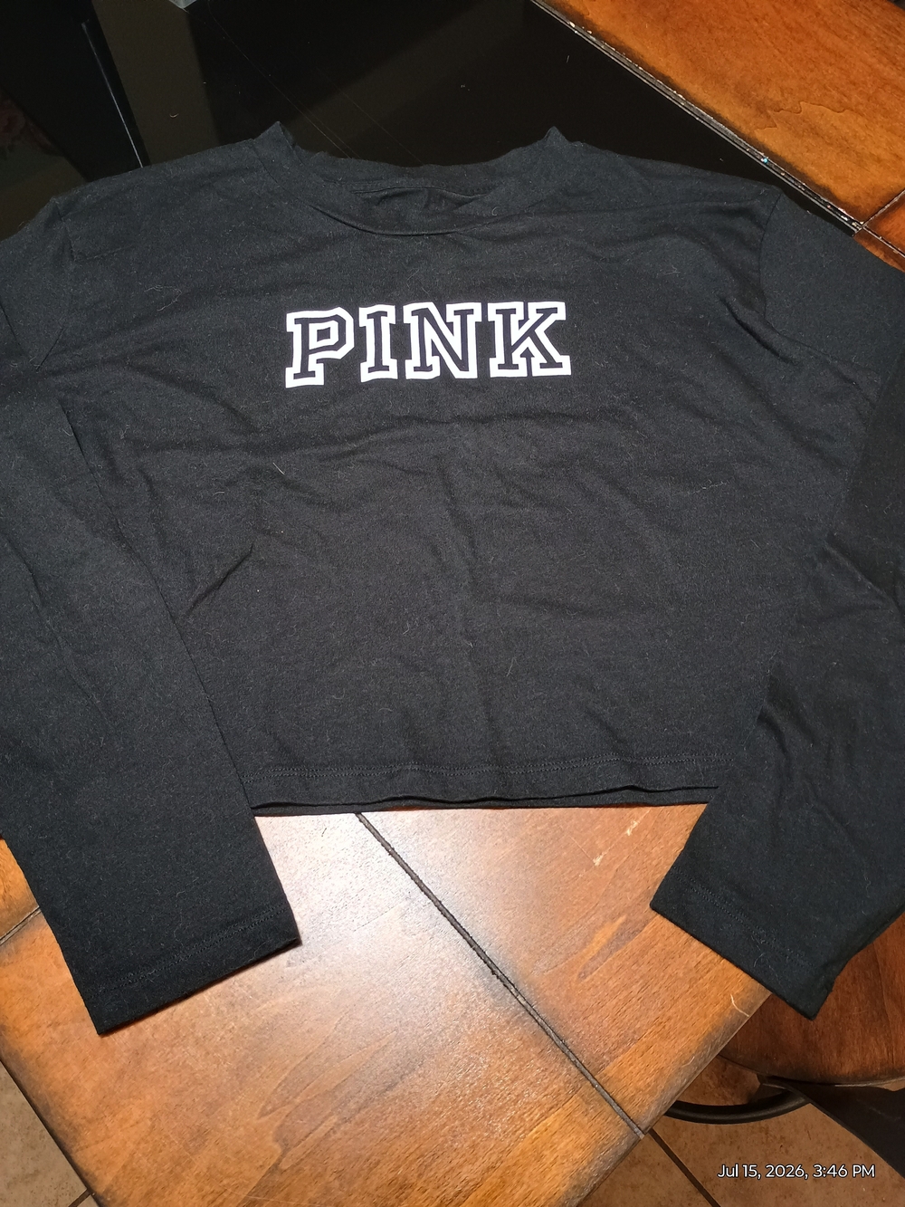 PINK Victoria's Secret Black Long Sleeve Cropped Tee with White Logo